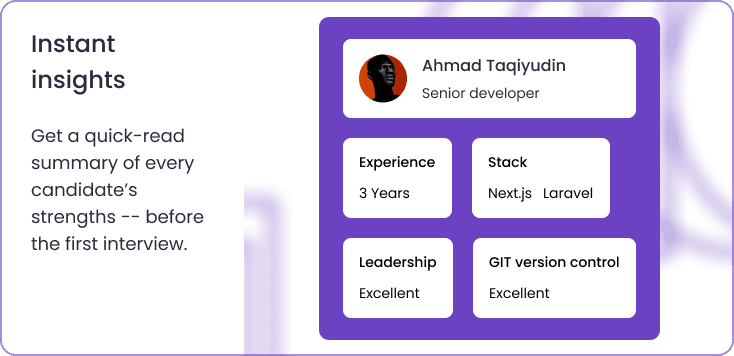 Instant insights - Get a quick-read summary of every candidate's strengths before the first interview